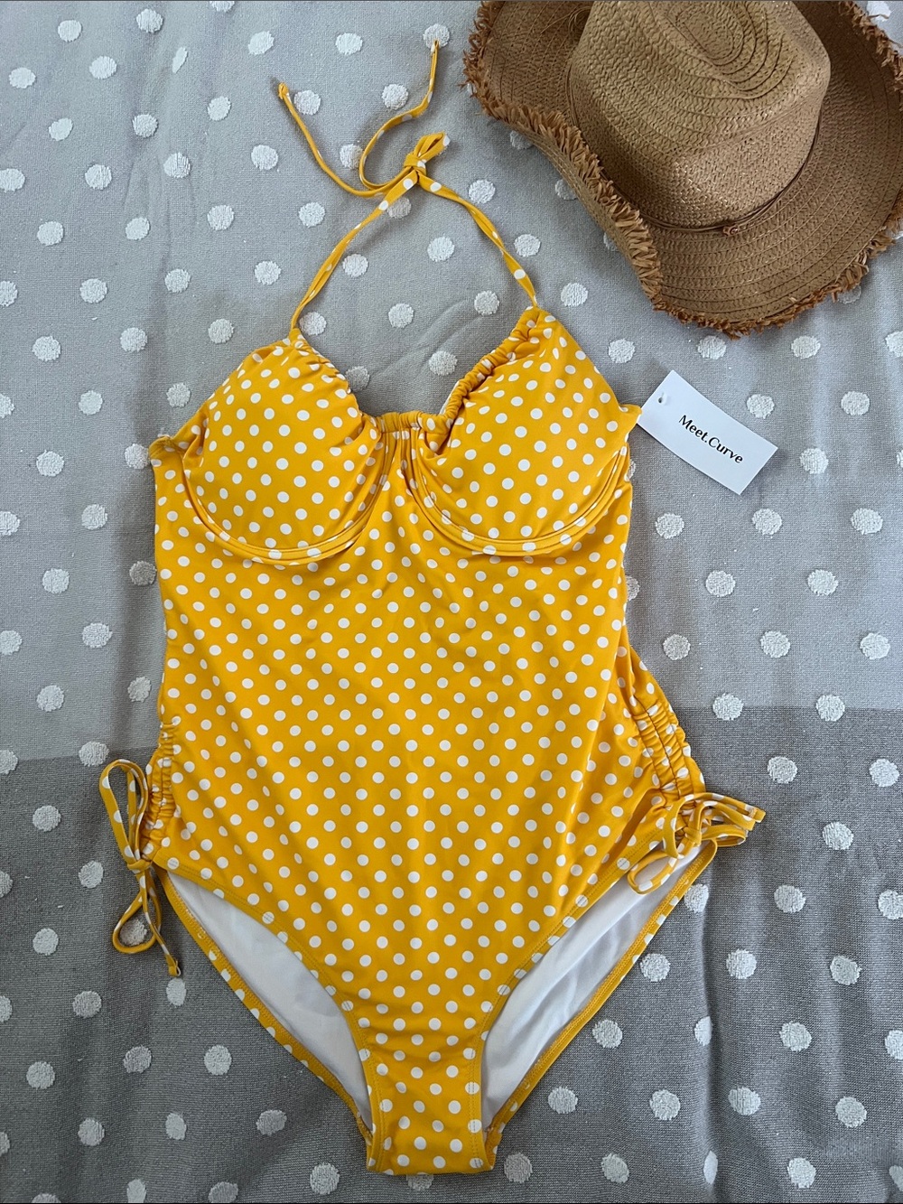 Meet.Curve Yellow White Polka Dot Underwire One Piece Swimsuit NWT Halter Ruched
